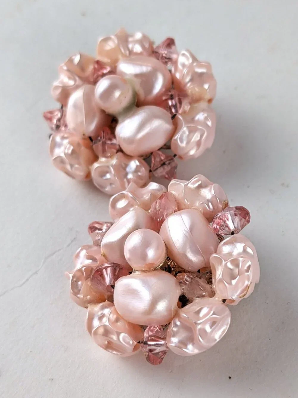Vintage Light Pink Beaded Clip-On Earrings